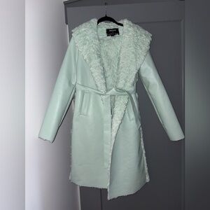 Unreal Fur Maxi Faux Leather and Fur Jacket Turqoise LIKE NEW